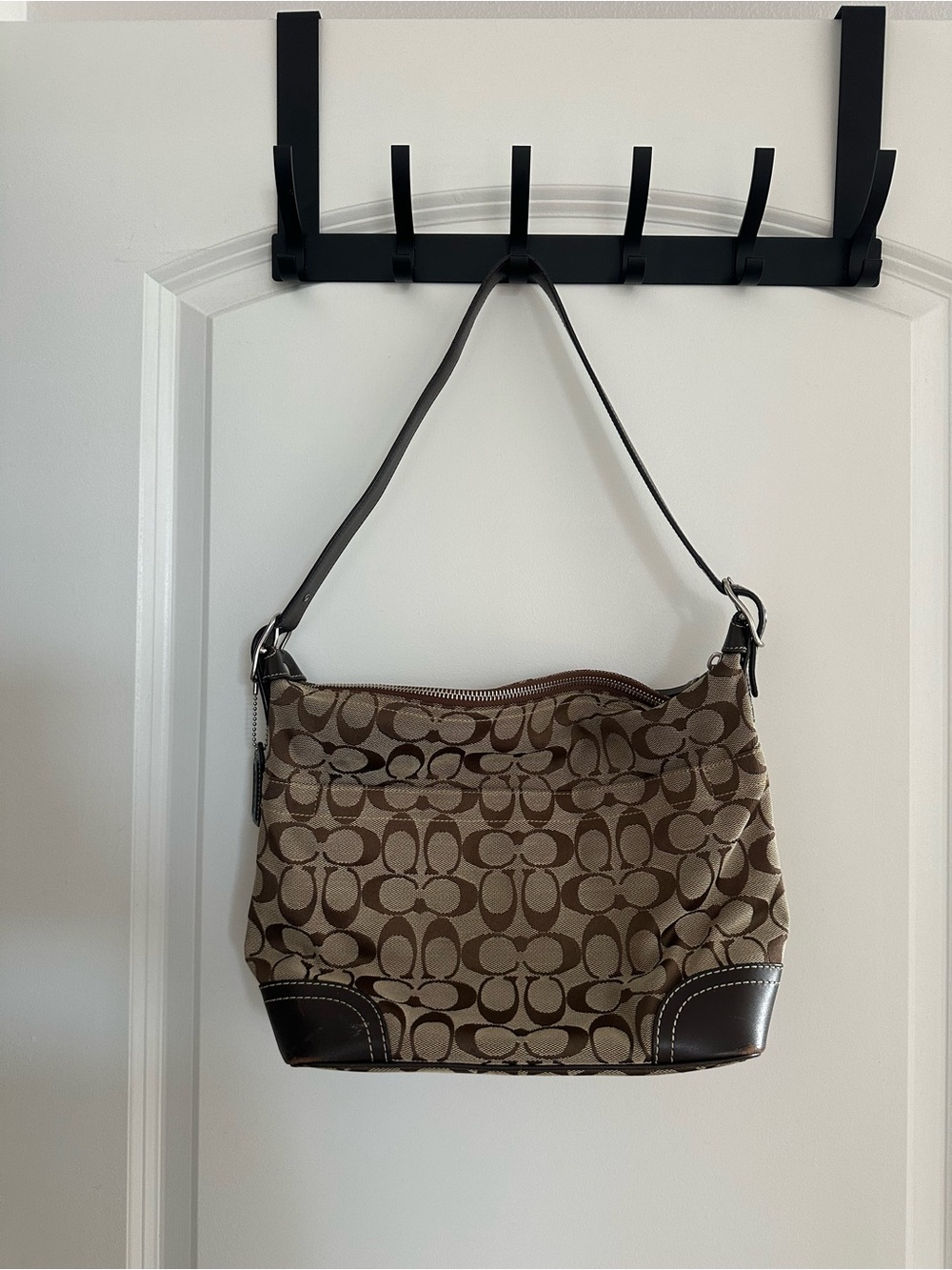 Coach Brown Signature Canvas Hobo Bag with Dark Brown Trim